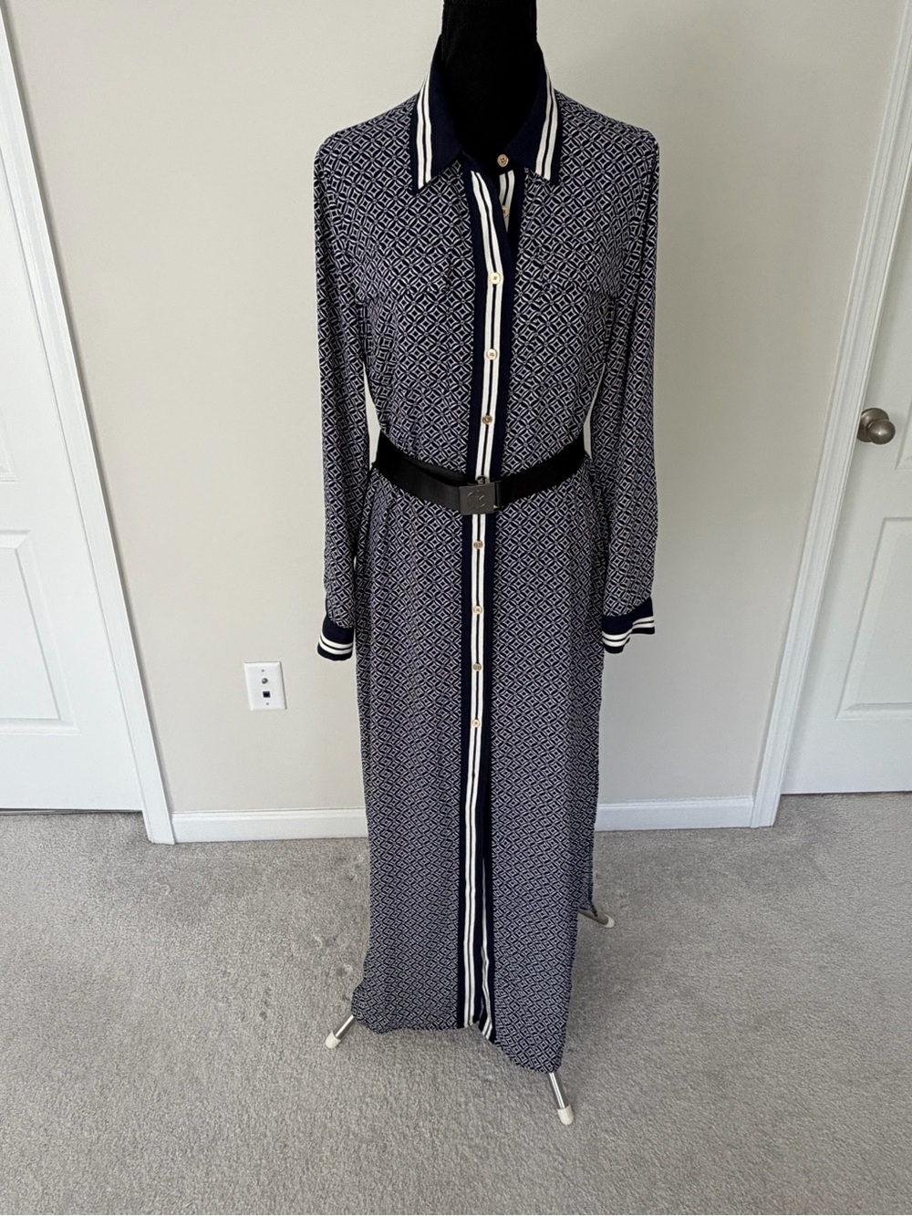 Michael Kors Women’s Maxi Shirt Dress Navy White Print Belted Long Sleeve